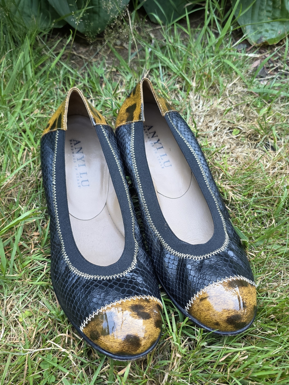Anyi Lu Black Snake-Embossed Ballet Flats with Mustard Leopard Accent